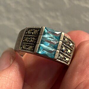 Vintage Blue Tourmaline 3ct Emerald Cut~925 Sterling Silver Ring | Sz 7